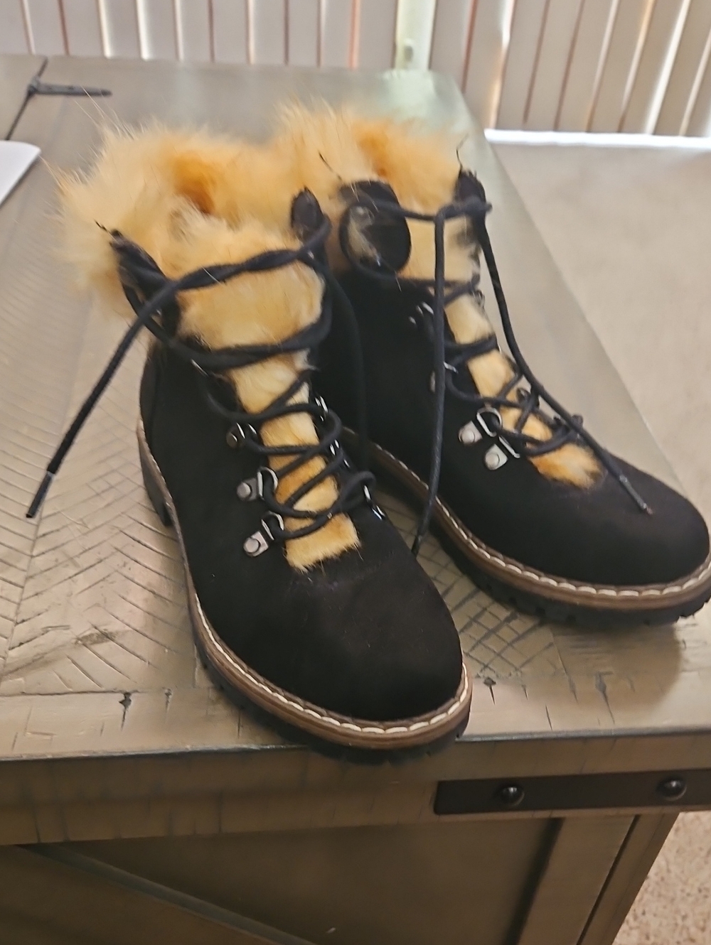 Wild Diva Black Lace-Up Faux Fur Trim Boots